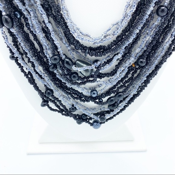 Substantial Seed Bead Multi Strand Faux Pearl Black & Gray Statement Necklace - Picture 7 of 10
